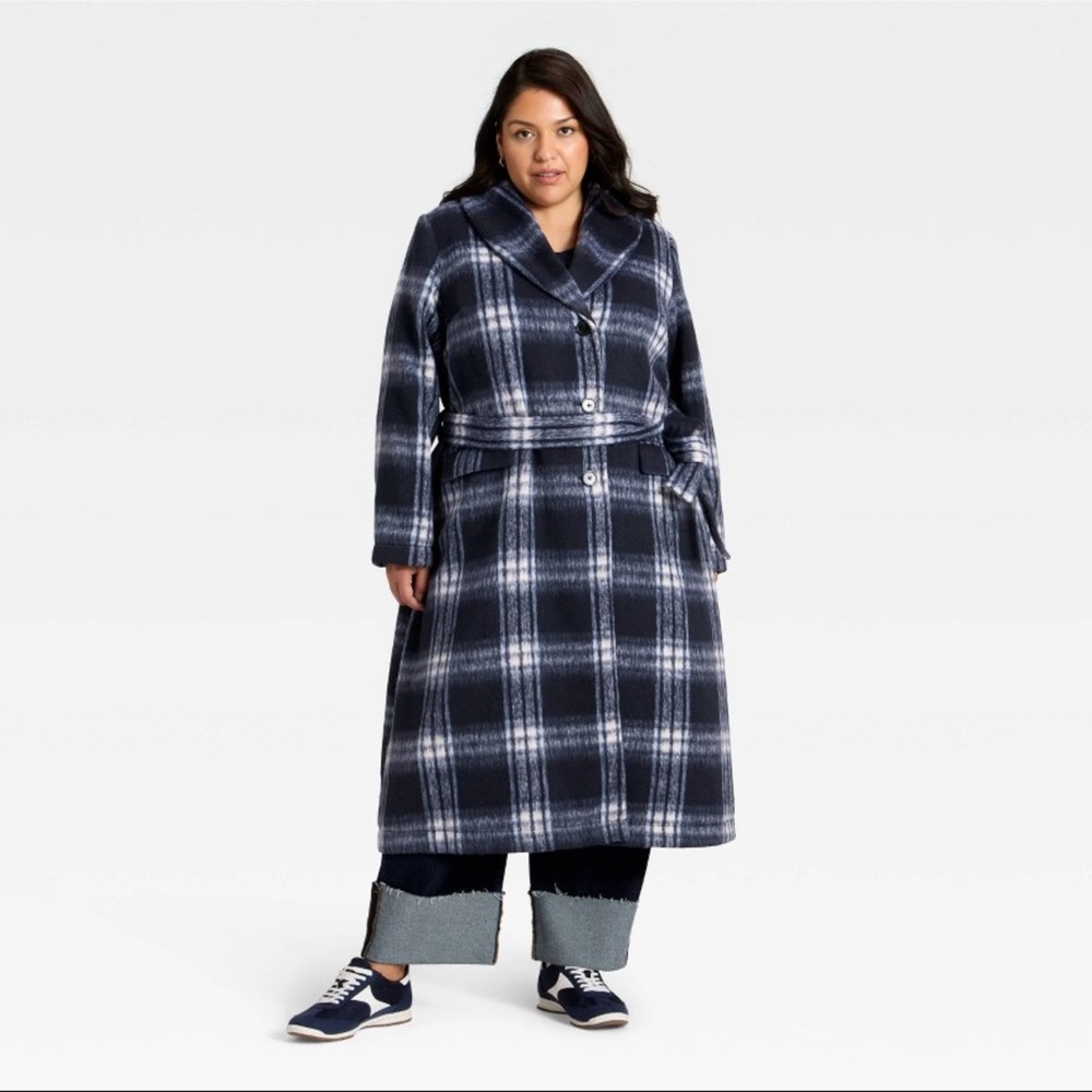 Ava & Viv™ Women's Belted Coat - Navy Blue Plaid 1X